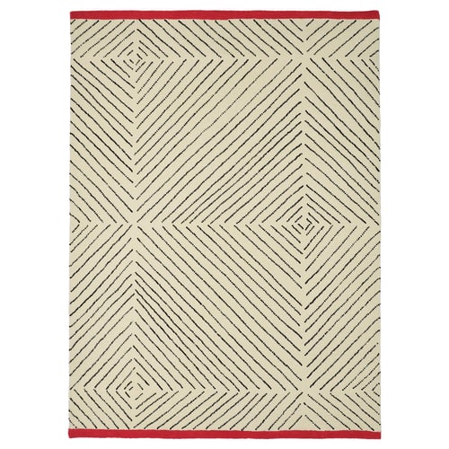 Tapis de sous-sol, blanc cassé et rouge foncé, motif losange, laine et coton, rectangulaire, design moderne.