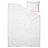 Couette et oreiller Vankrets, blanc avec pois roses et passepoil, mélange coton-viscose, design moderne et épuré.