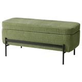 Banc VALTORP vert et noir avec pieds en métal et rangements.