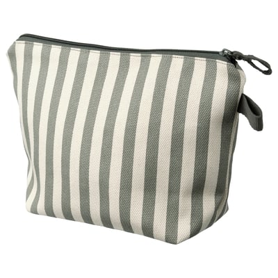 Trousse de toilette à rayures vertes et blanches avec fermeture éclair et boucle de suspension.