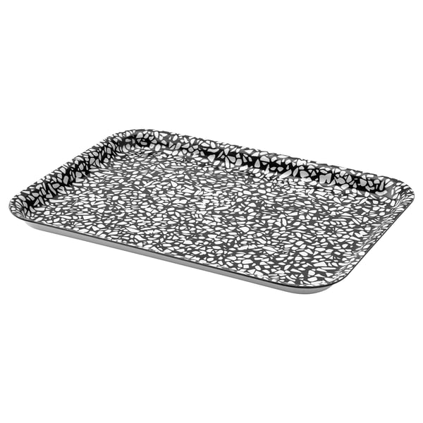 Plateau de service rectangulaire à motifs noirs et blancs avec surface en stratifié de mélamine haute pression, bords inclinés pour la prise en main.