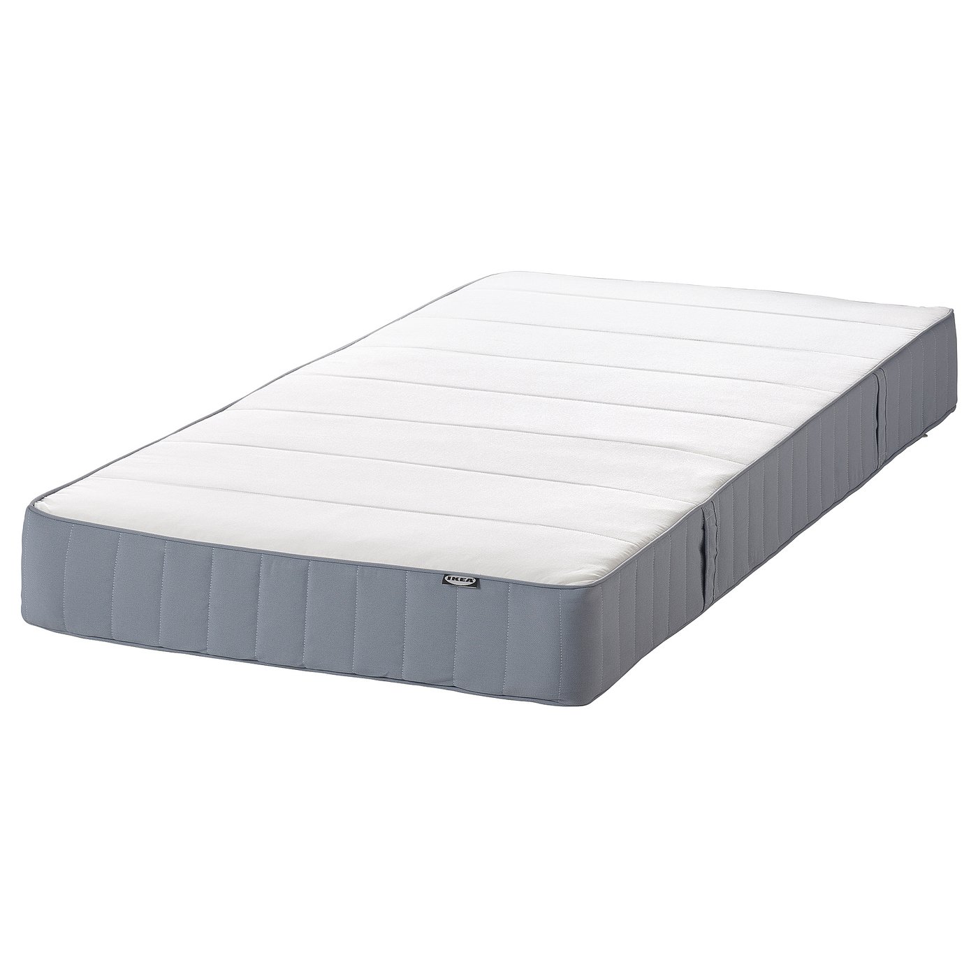 Matelas IKEA VESTMARKA. Blanc et gris, rectangulaire, design matelassé, ressort et mousse, moyennement ferme.