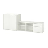 Ensemble de rangement VIHALS blanc, design minimaliste moderne. Comprend une armoire avec portes coulissantes et un meuble TV ouvert.