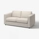 Un petit fauteuil VIMLE beige au design moderne et minimaliste. Il y a deux coussins égaux et des jambes noires, idéal pour les petits espaces.