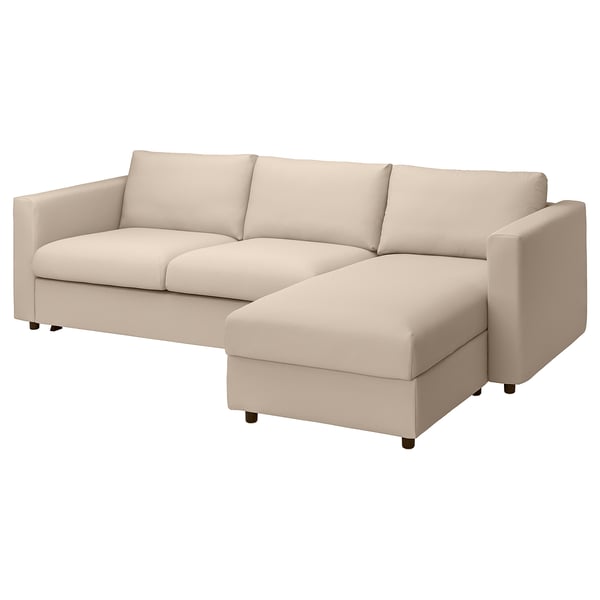 Canapé VIMLE en beige avec chaise sectionnelle, tissu doux, forme en L, design élégant.