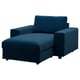 Chaise de canapé moderne bleue, VIMLE, assises profondes, rangement en dessous, velours bleu foncé.