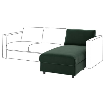 Canapé VIMLE en vert, design moderne, chaise longue orientée vers la gauche, avec rangement.