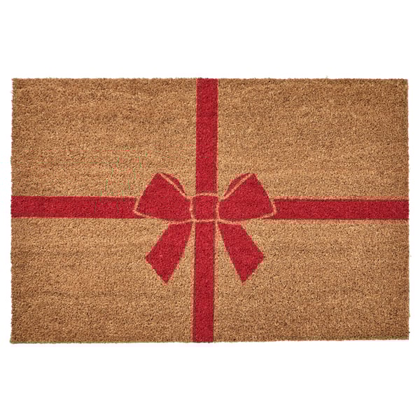 Tapis VINTERFINT, motif cadeau rouge sur fibre de coco naturelle, forme rectangulaire.