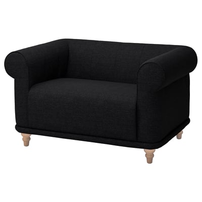 VISKAFORS : fauteuil en tissu anthracite avec pieds en bois. Design classique, forme douce et accueillante.