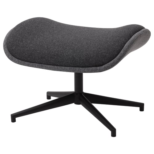 Modern, grey footstool, black metal star base, comfortable, versatile.