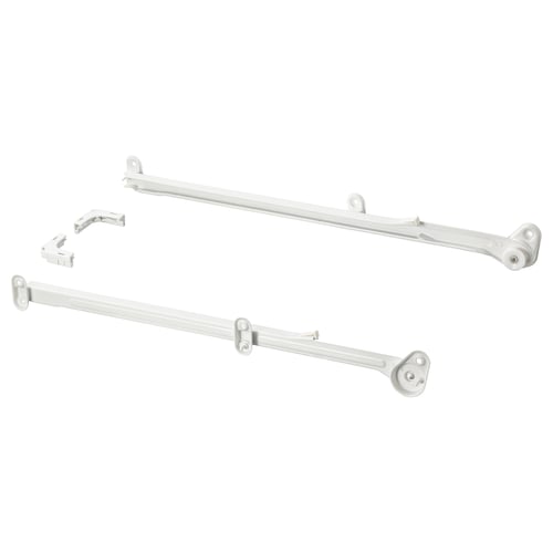 Three white metal arms with adjustable joints and plastic wheels.