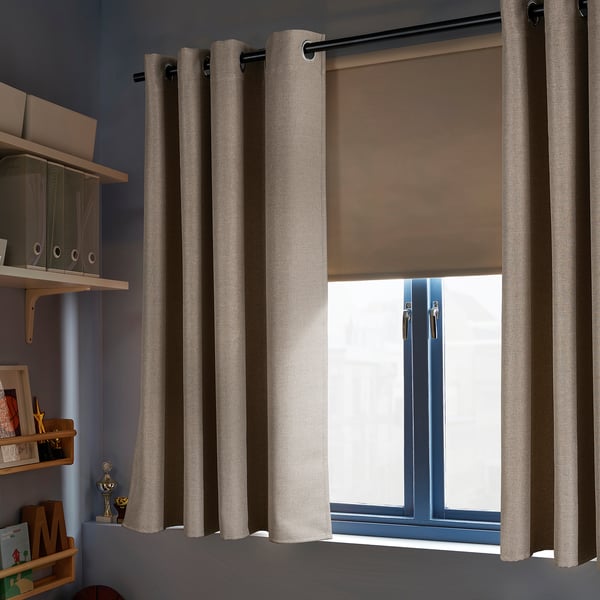 ANNAKAJSA Room darkening curtains, 1 pair, beige/with eyelets, 145x137 cm