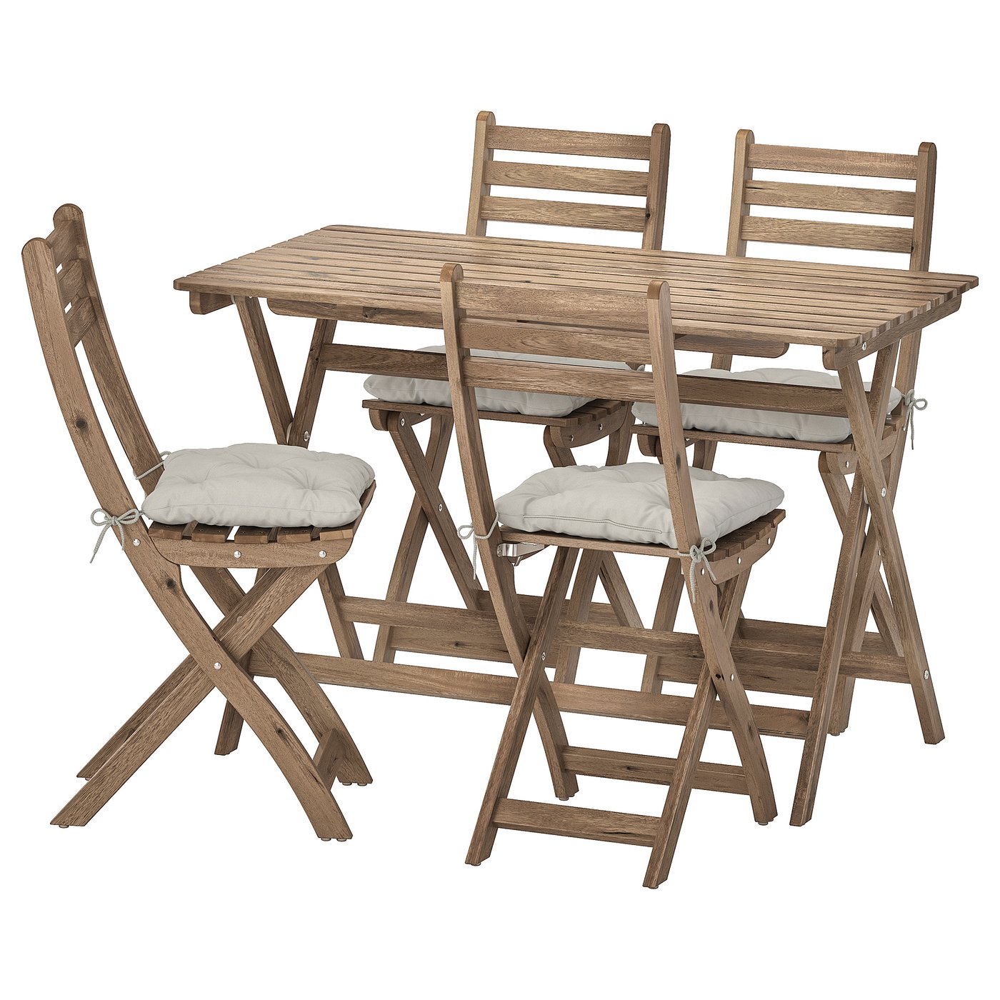 ASKHOLMEN greybrown stained, Kuddarna grey, Table+4 folding chairs