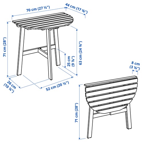 ASKHOLMEN Table f wall+2 fold chairs, outdoor, dark brown, 70x44 cm