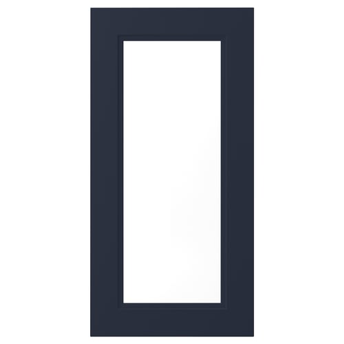 AXSTAD door, matte blue with glass inset, modern and traditional design.