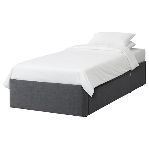 BALESTRAND bed, grey, fabric, rectangular, simple design, storage drawer.