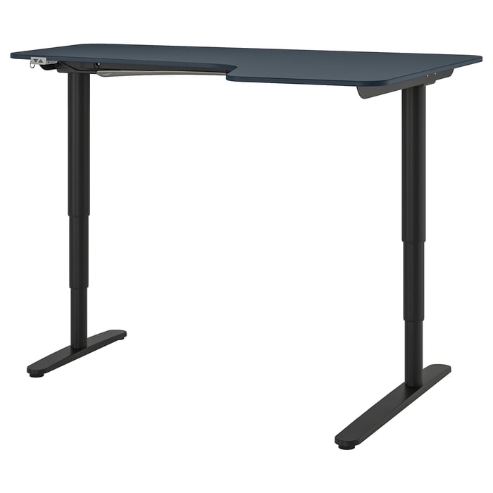 BEKANT corner desk right sit/stand, linoleum blue/black, 160x110 cm IKEA