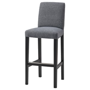 A grey upholstered barstool with black metal legs, featuring a high back for support and comfort. Modern and minimalist design.