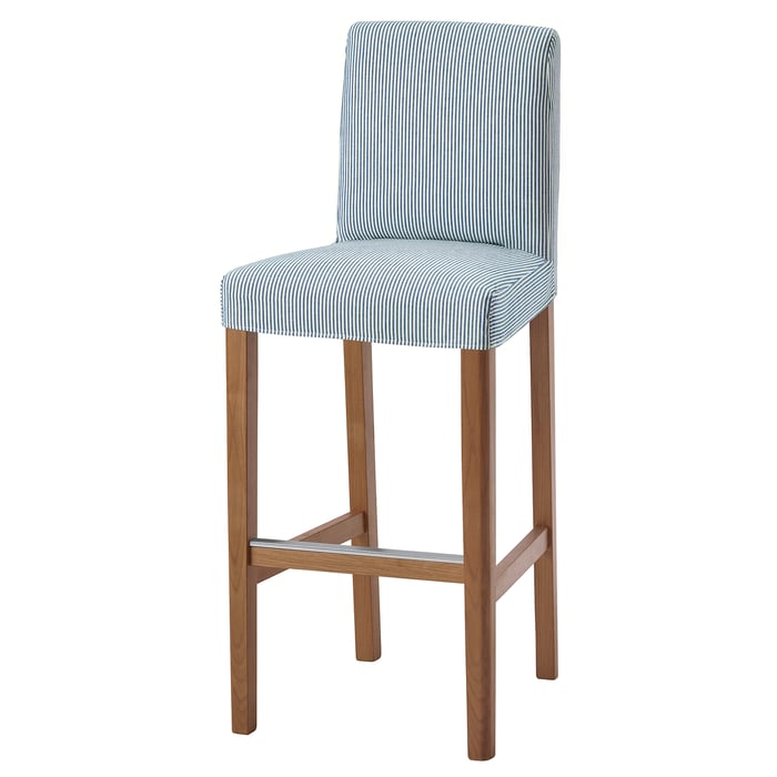 BERGMUND bar stool with backrest, oak effect/Rommele dark blue/white