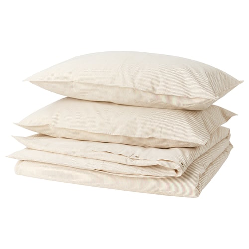 BERGPALM duvet set, beige, striped, rectangular, soft cotton.