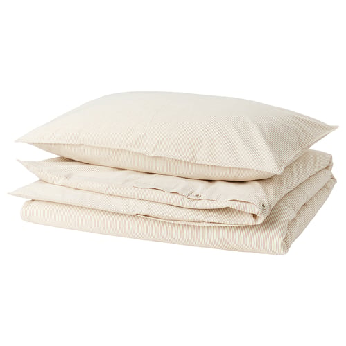 BERGPALM duvet set, cream striped, cotton, rectangular, folded.