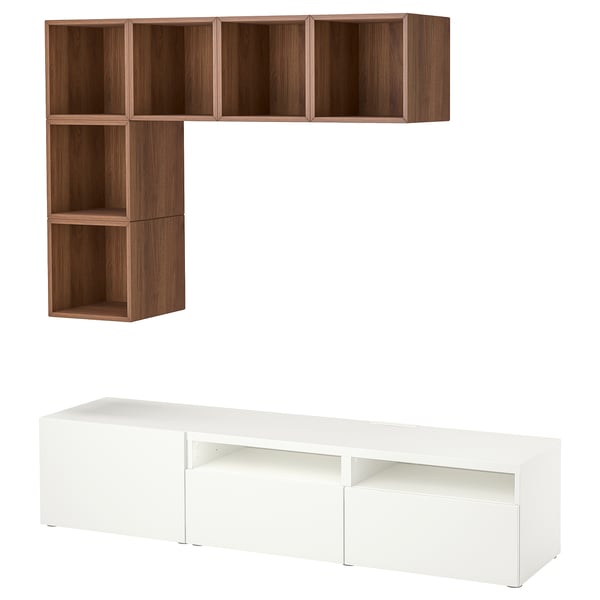 Ikea BESTÅ tv storage: white tv bench, wooden cube shelves. Modern, minimalist design for efficient storage.