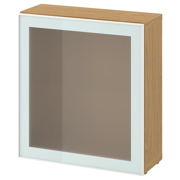 BESTÅ Shelf unit with glass door, oak effect Glassvik/white/light green frosted glass, 60x22x64 cm