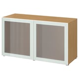 BESTÅ Shelf unit with glass doors, oak effect Glassvik/white/light green frosted glass, 120x42x64 cm