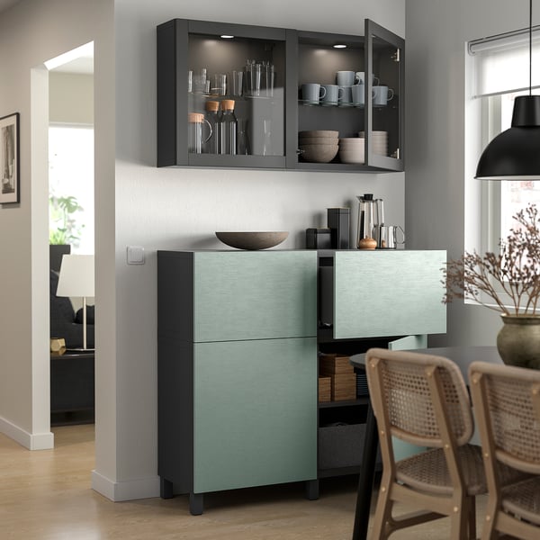 BESTÅ Storage combination w doors/drawers, dark grey Sindvik/Stubbarp/Hjortviken pale grey-green, 120x42x213 cm