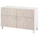White BESTÅ sideboard with 4 marble-patterned doors and silver legs.