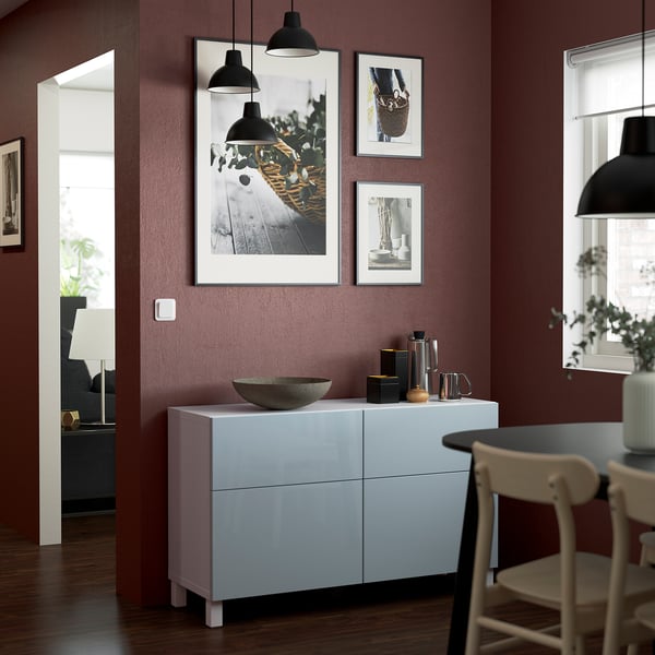BESTÅ Storage combination w doors/drawers, white Selsviken/Stallarp/high-gloss light grey-blue, 120x42x74 cm