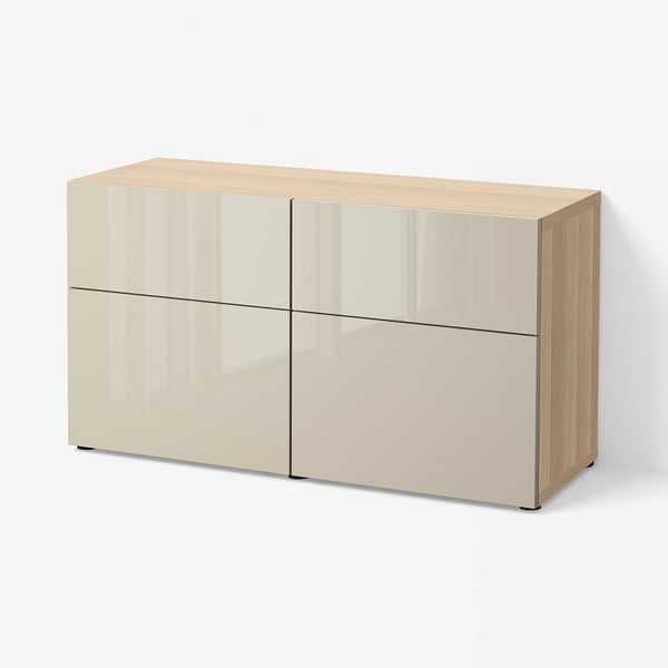 BESTÅ Storage combination w doors/drawers, white stained oak effect/Selsviken high-gloss/beige, 120x42x65 cm