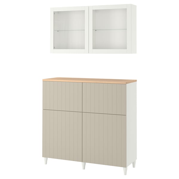 BESTÅ Storage combination w doors/drawers, white Sutterviken/Kabbarp/grey-beige clear glass, 120x42x240 cm