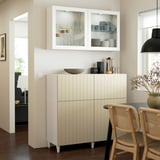 BESTÅ Storage combination w doors/drawers, white Sutterviken/Kabbarp/grey-beige clear glass, 120x42x213 cm