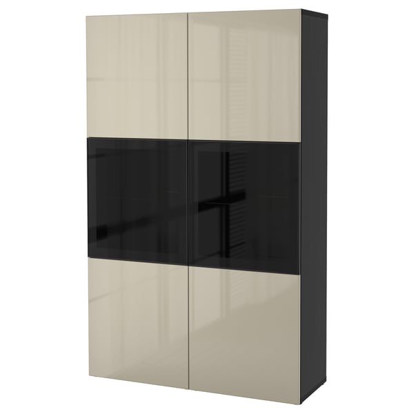 Modern tall storage cabinet, glossy beige and black, with four glass doors, adjustable shelves.