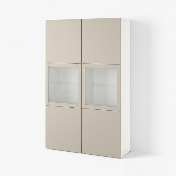 BESTÅ Storage combination w glass doors, white Lappviken/light grey-beige clear glass, 120x42x193 cm