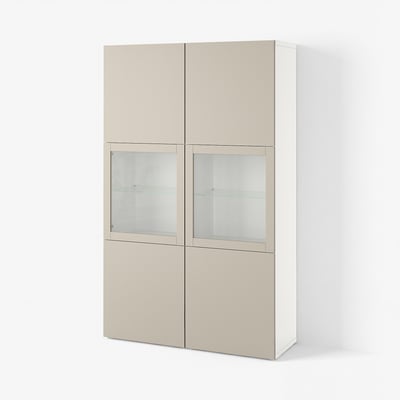 BESTÅ Storage combination w glass doors, white Lappviken/light grey-beige clear glass, 120x42x193 cm
