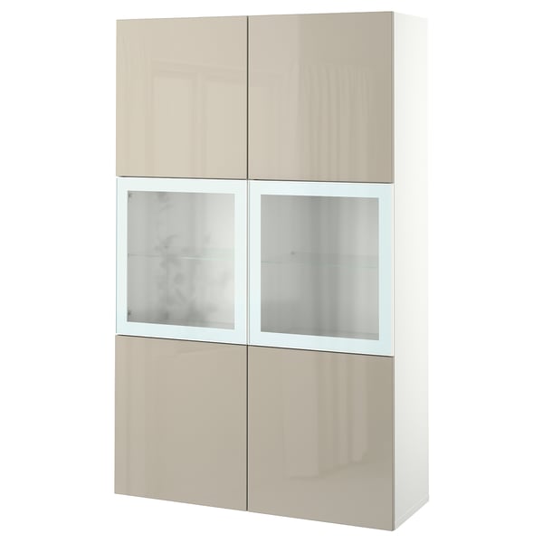 Ikea BESTÅ storage unit: 6 beige glass doors, modern design, glossy finish, adjustable shelves.