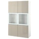 Ikea BESTÅ storage unit: 6 beige glass doors, modern design, glossy finish, adjustable shelves.