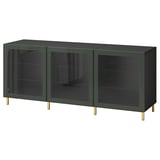 BESTÅ Storage combination with doors, black-brown Glassvik/Ösarp/dark olive-green clear glass, 180x42x74 cm