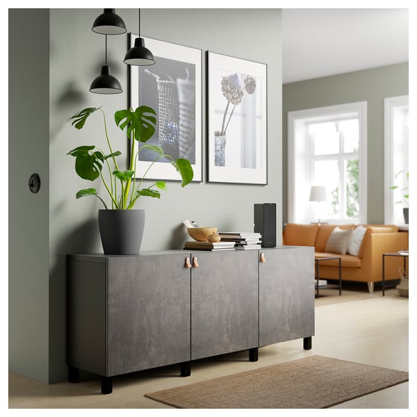 BESTÅ Storage combination with doors, black-brown Kallviken/Stubbarp/dark grey concrete effect, 180x42x74 cm