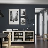 BESTÅ Storage combination with doors, black-brown Sindvik/Stubbarp/light grey-beige clear glass, 180x42x74 cm