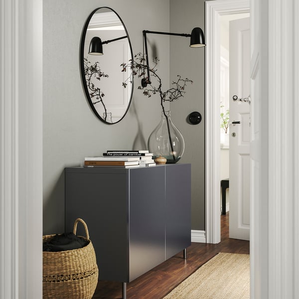 BESTÅ Storage combination with doors, dark grey/Riksviken brushed dark pewter effect, 120x42x74 cm
