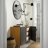BESTÅ Storage combination with doors, oak effect Kallviken/Stubbarp/dark grey concrete effect, 120x42x74 cm