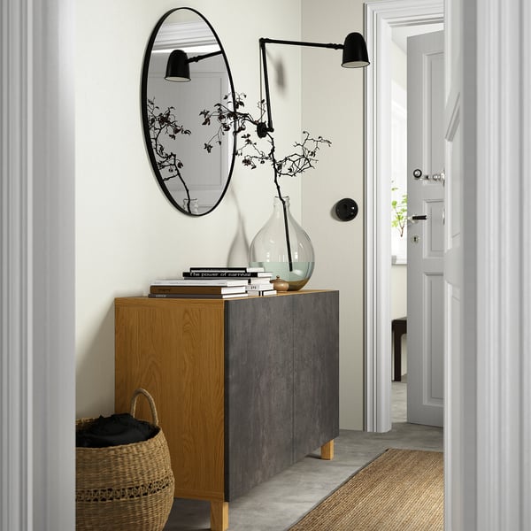 BESTÅ Storage combination with doors, oak effect Kallviken/Stubbarp/dark grey concrete effect, 120x42x74 cm