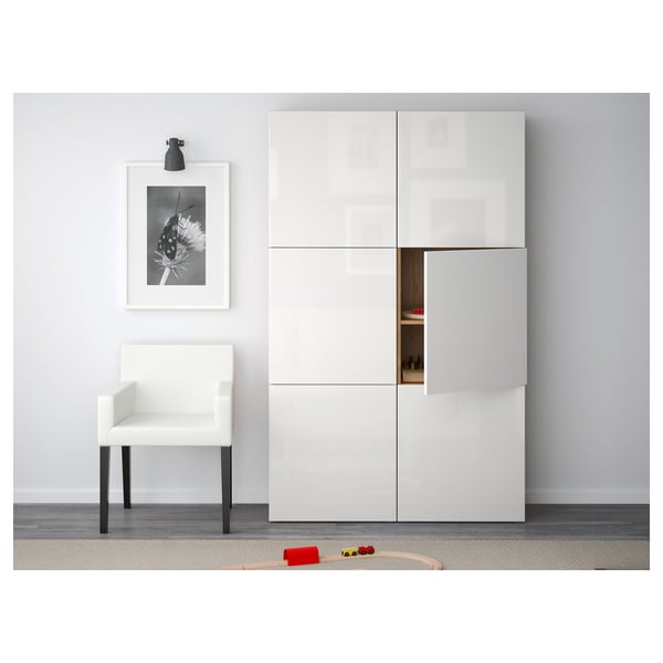 BESTÅ Storage combination with doors, oak effect/Selsviken high-gloss/white, 120x42x193 cm
