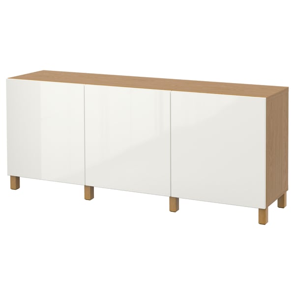 BESTÅ Storage combination with doors, oak effect/Selsviken high-gloss/white, 180x42x74 cm
