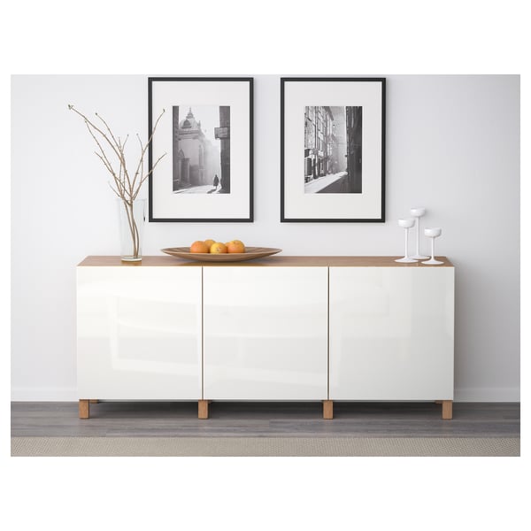 BESTÅ Storage combination with doors, oak effect/Selsviken high-gloss/white, 180x42x65 cm