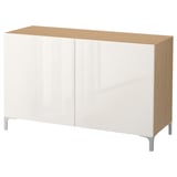 BESTÅ Storage combination with doors, oak effect/Selsviken high-gloss/white, 120x42x74 cm