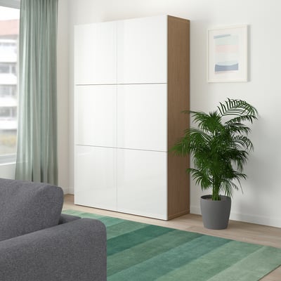 BESTÅ Storage combination with doors, oak effect/Selsviken high-gloss/white, 120x42x193 cm